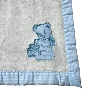 VTG Baby Blanket Blue Teddy Bear Drums Drummer Made in USA 45.5 x 36” 1960s 70s
